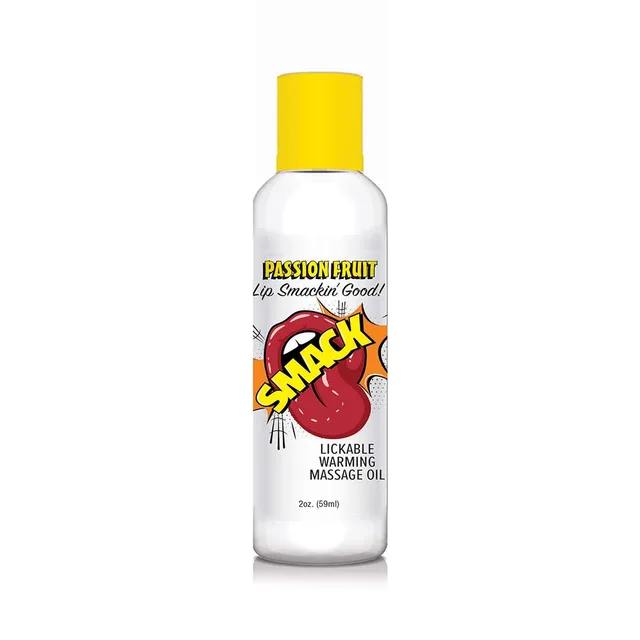 Smack Passion Fruit massage oil in clear bottle with yellow cap