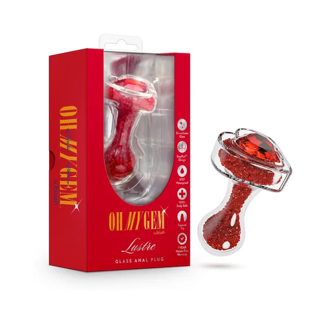 Red Oh My Gem Lustre glass plug with heart base and retail box