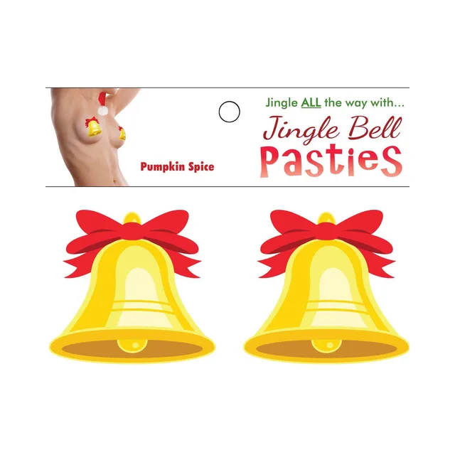 Pair of yellow Jingle Bell edible pasties with red bows on white card