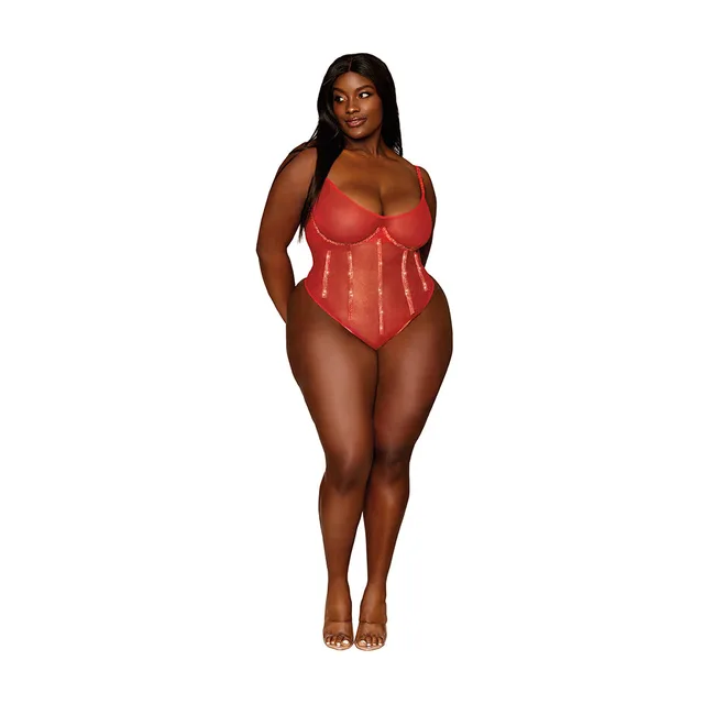 model wearing ruby red Dreamgirl gold-foil mesh underwire teddy in 3XL