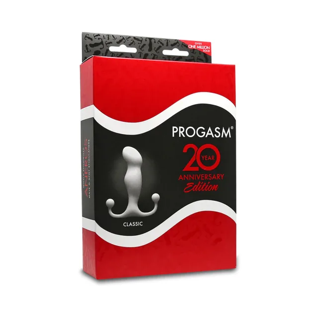 Aneros Progasm Classic white model on red-and-black box