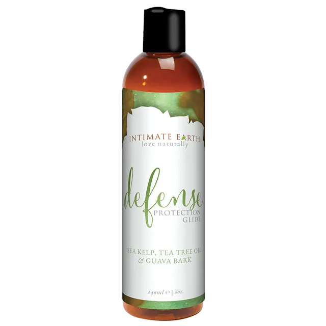 Intimate Earth Defense 8 oz Glide tall 8 oz amber bottle with green ingredient label