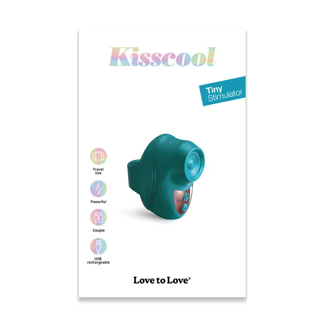 teal Love to Love Kisscool finger-loop vibrator pictured on box
