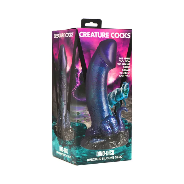 Creature Cocks Dino Dick purple-and-blue dinosaur dildo upright in teal prehistoric retail box