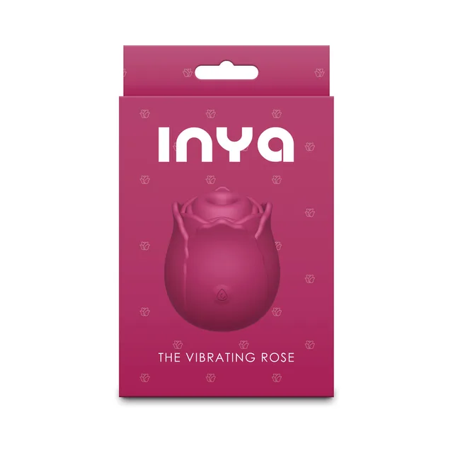 Red INYA Vibrating Rose massager pictured on burgundy retail box