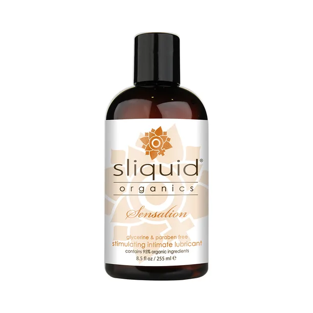 Amber 8.5 oz Sliquid Organics Sensation bottle with black cap and orange warming label