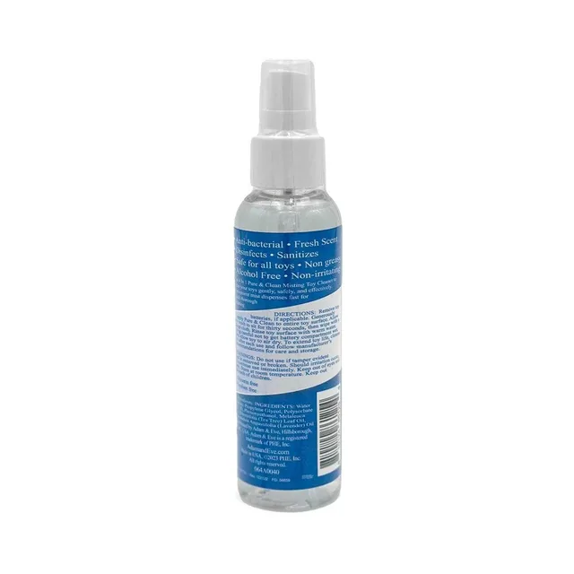 Adam & Eve Pure & Clean misting toy cleaner transparent bottle rear label