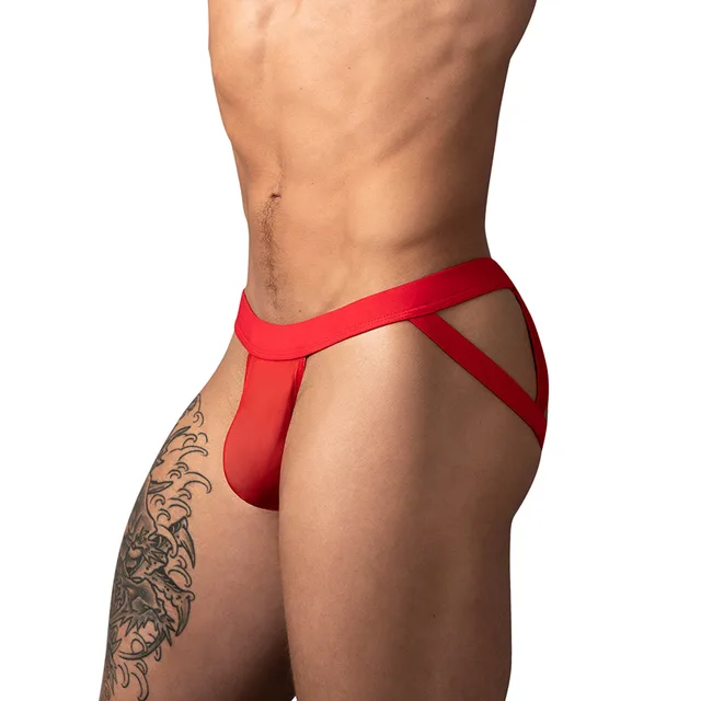Male Power Mesh 2.0 Strappy Ring Jock in red size S/M worn from the front to show the mesh pouch and side bands