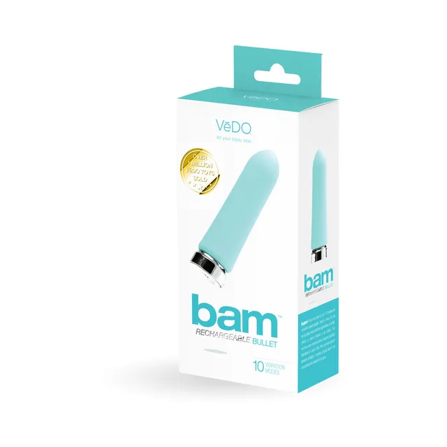 VeDO Bam Turquoise Bullet Vibrator white aqua retail carton three-quarter front