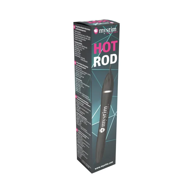 black boxed Mystim Hot Rod USB sleeve heater with slim wand and attached cable