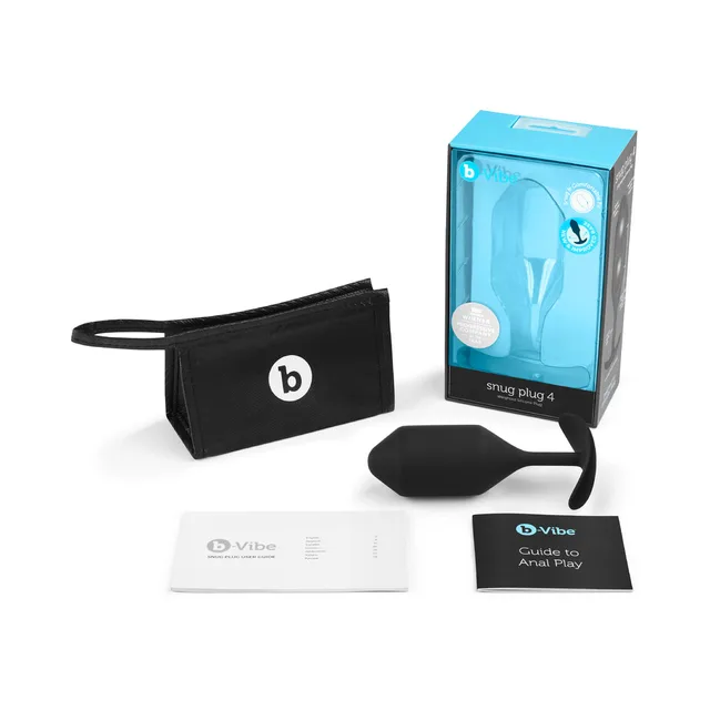 Black b-Vibe Snug Plug 4 with pouch, box and printed guides