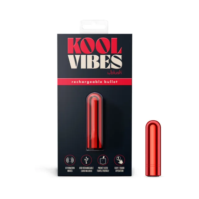 cherry red Kool Vibes rechargeable mini bullet beside black retail card