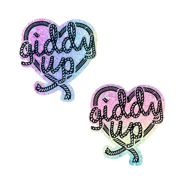pair of pastel holographic heart nipple pasties with black rope-style Giddy Up design