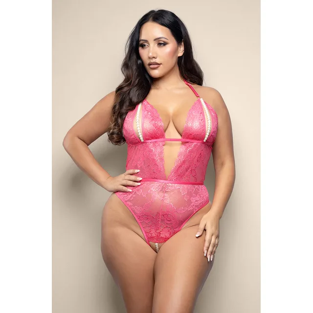 Front view of hot pink Queen teddy with split pearl cups