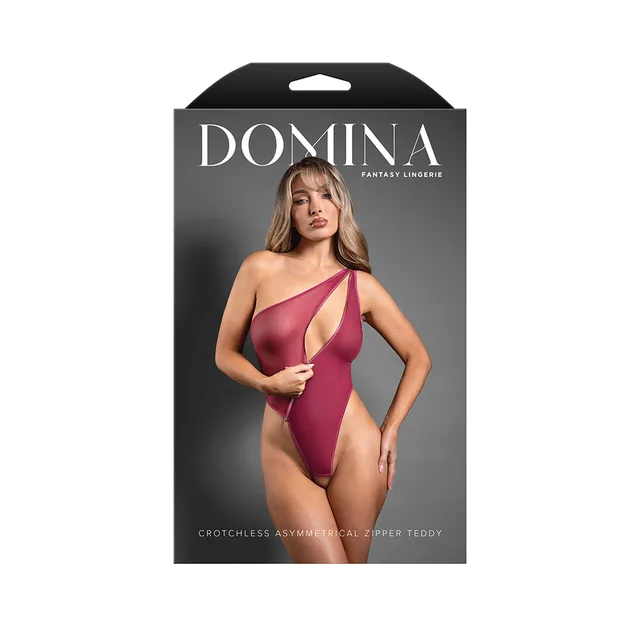 Domina package showing berry one-shoulder zipper teddy in size L XL