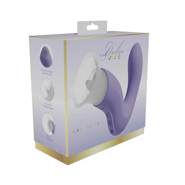 VIVE Dolce Callalily light purple pump and G-spot toy displayed in the white and lavender retail box