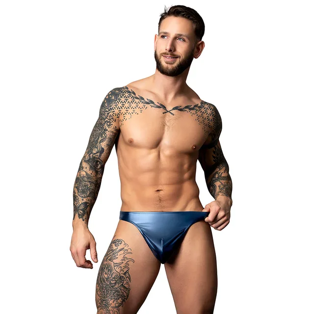 Male model wearing blue Liquid Onyx wet-look thong size S/M