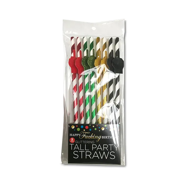 Eight striped Happy Fucking Birthday paper straws with gold finger toppers