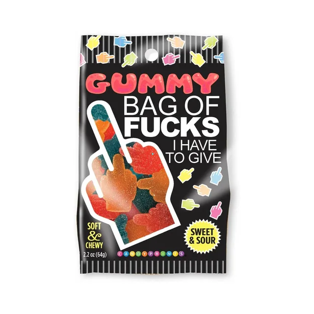 Black Bag of Fucks package with assorted gummy fingers