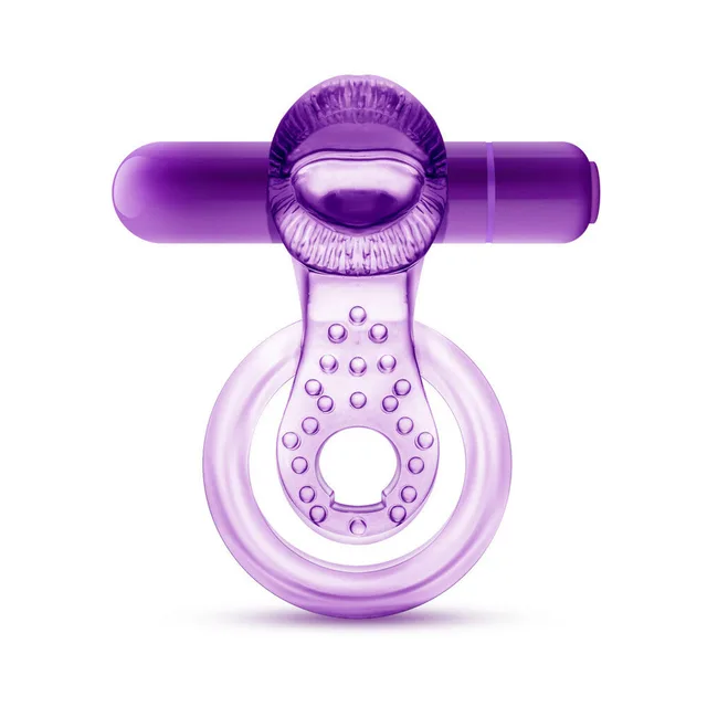 Purple Lick It vibrating ring front view with tongue and raised beads