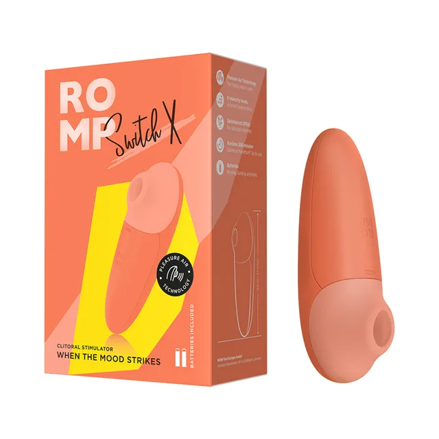 ROMP Switch X orange air-pulse stimulator beside coral retail box