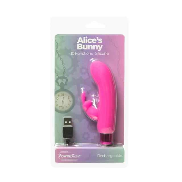 Pink Alice's Bunny vibrator inside purple blister package