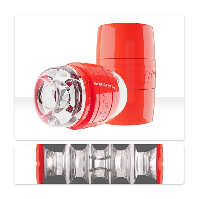 Red and clear Adam & Eve Quickshot stroker shown open and closed