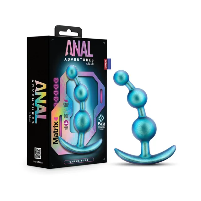 Blush Matrix Gamma Neptune Teal silicone plug beside Anal Adventures retail box