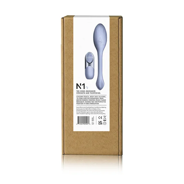 Rocks-Off NIYA 1 cornflower silicone Kegel massager rear retail box panel