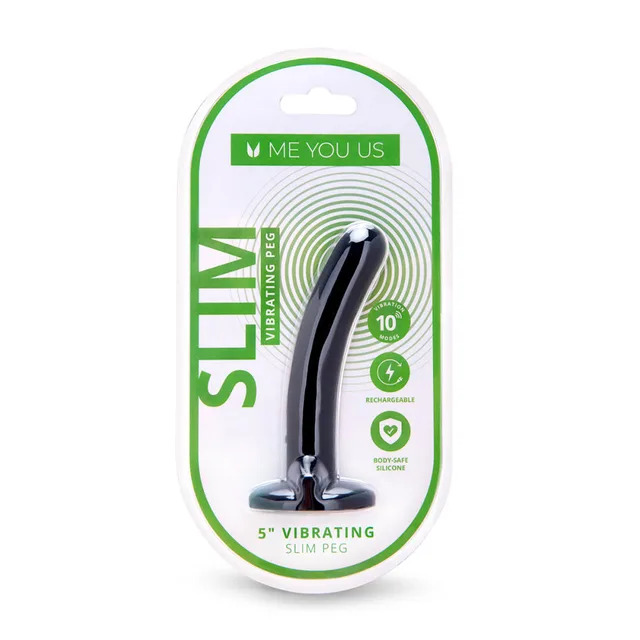 black Me You Us Slim vibrating peg with curved shaft and flared base in green package