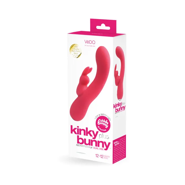 VeDO Kinky Bunny hot-pink vibrator beside matching VeDO retail box