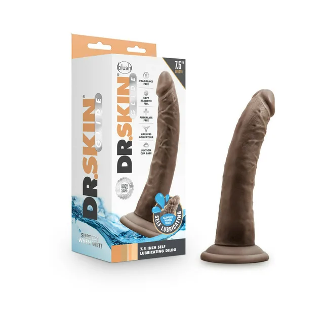 Dr. Skin Glide Brown 7.5-inch dildo beside retail box