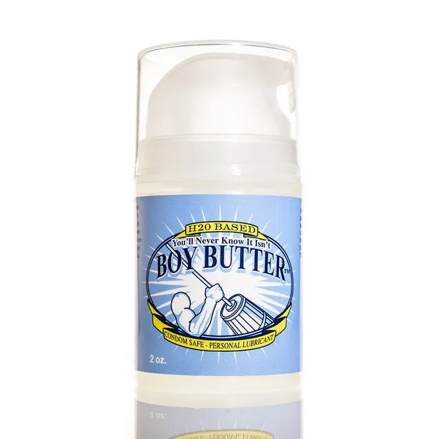 Boy Butter H2O 2 oz slim pump bottle with clear cap and pale blue label