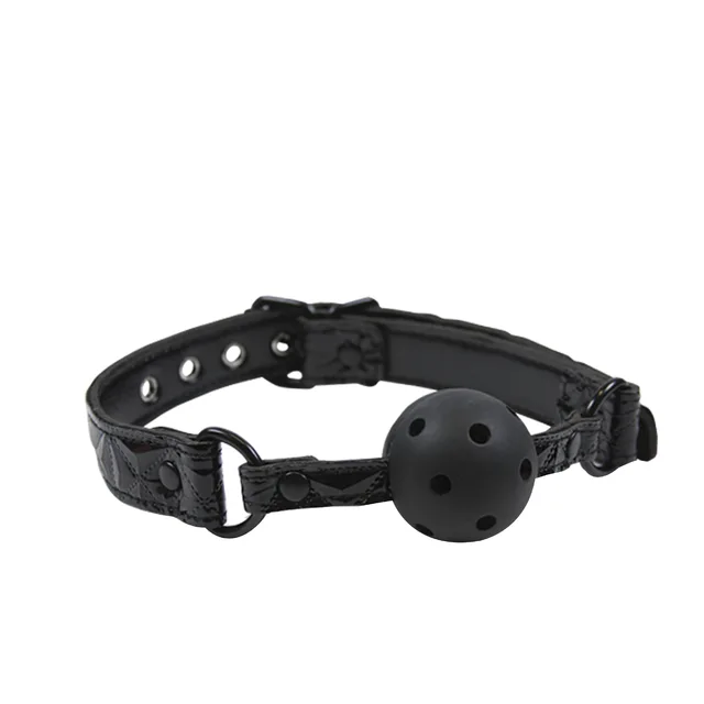Sinful Black Vinyl Ball Gag perforated black ball and embossed buckle strap