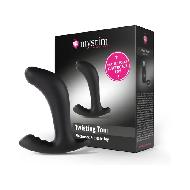 Mystim Twisting Tom black prostate stimulator with two curved arms beside black retail box