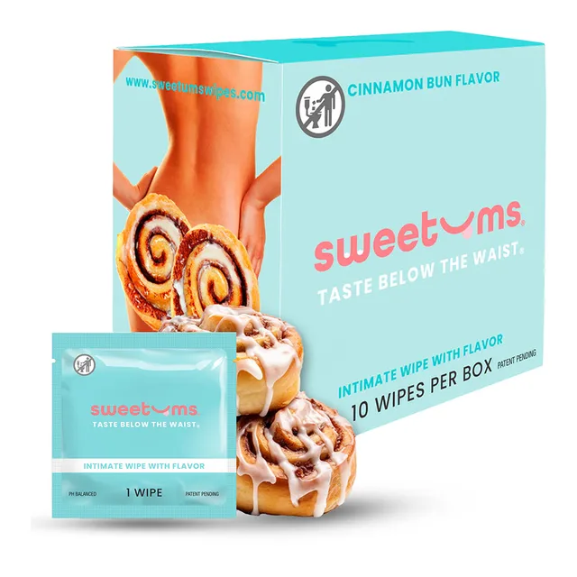 Sweetums Cinnamon Bun intimate wipes box, single packet and cinnamon-roll artwork