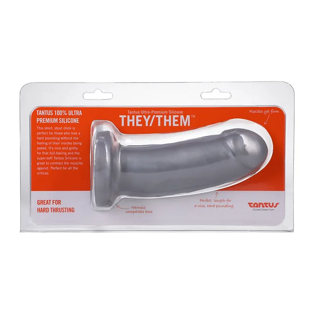 Front package of silver Tantus They Them Super Soft dildo