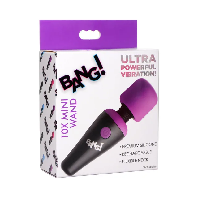 purple and black BANG 10X rechargeable mini wand on purple-trimmed box