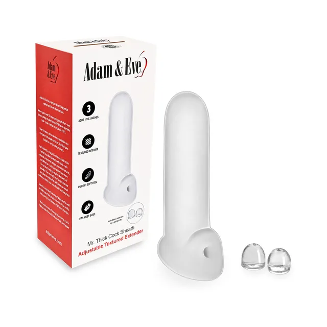 Adam and Eve Mr. Thick white sheath, red box and two clear tip spacers