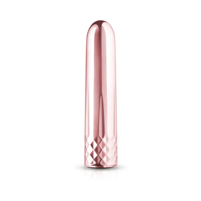 upright Rosy Gold Nouveau Mini Vibrator with rounded tip and faceted base