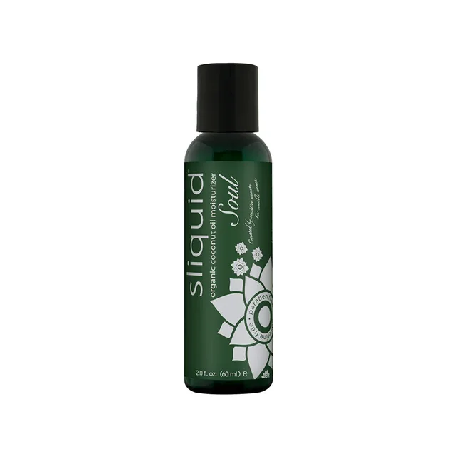 Sliquid Soul Coconut Oil Moisturizer dark green 2 oz bottle with white graphic and black cap