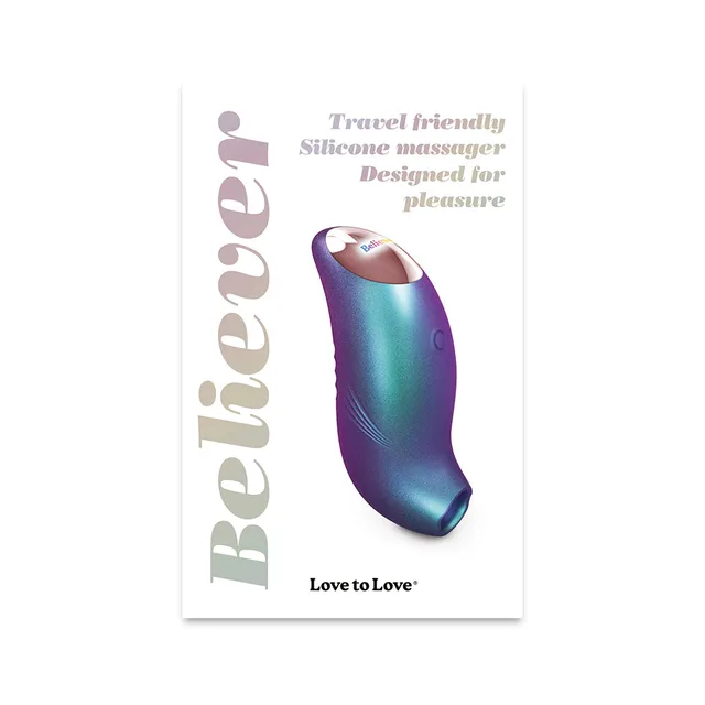 iridescent turquoise Believer silicone massager pictured on white package