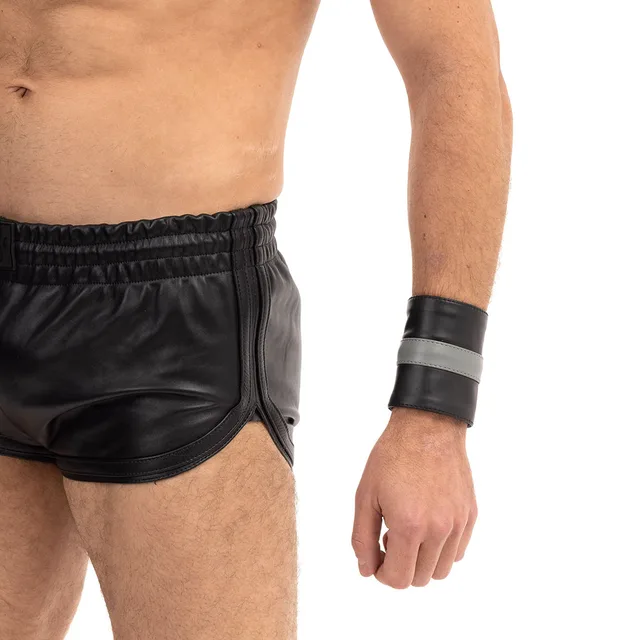 Prowler RED XL gray-striped wrist wallet worn beside leather shorts