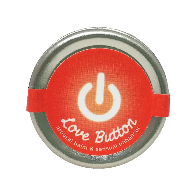 Earthly Body Love Button 0.3 oz round silver tin with red power-button label