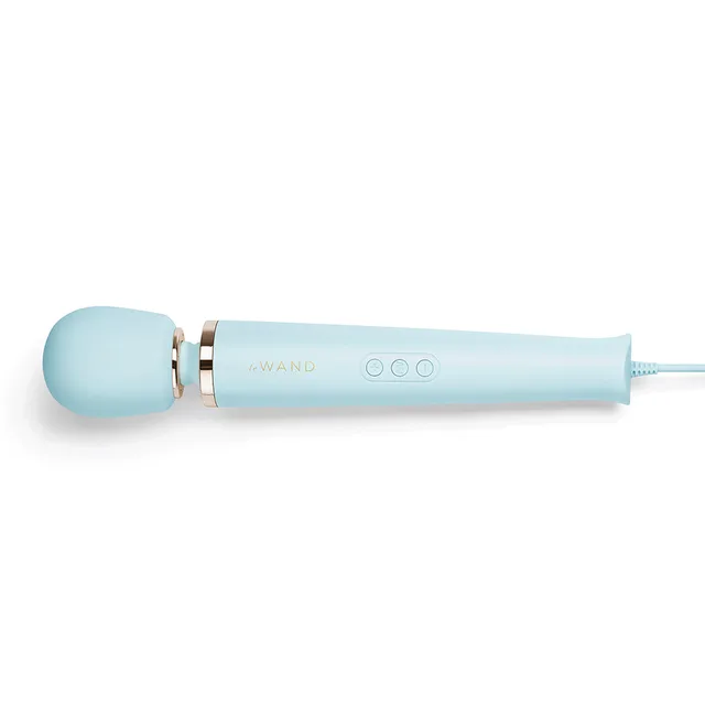 Side view of sky blue Le Wand round head and button handle