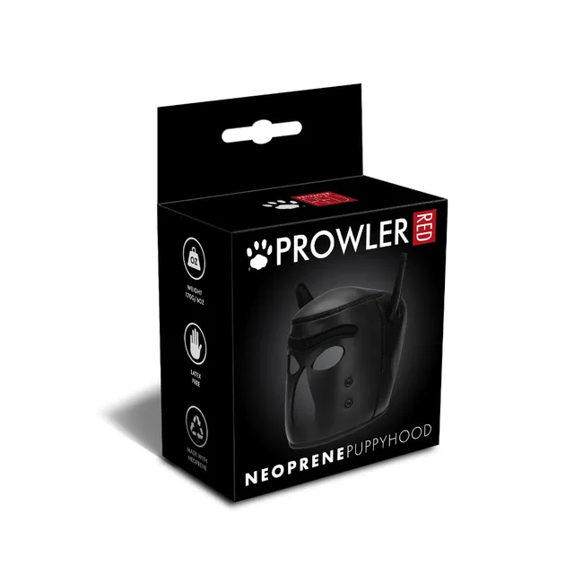 Prowler RED black neoprene Puppy Hood pictured on black carton with eye nose and mouth openings visible
