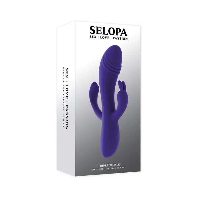 Selopa Triple Tickle purple three-arm vibrator beside the tall white retail box