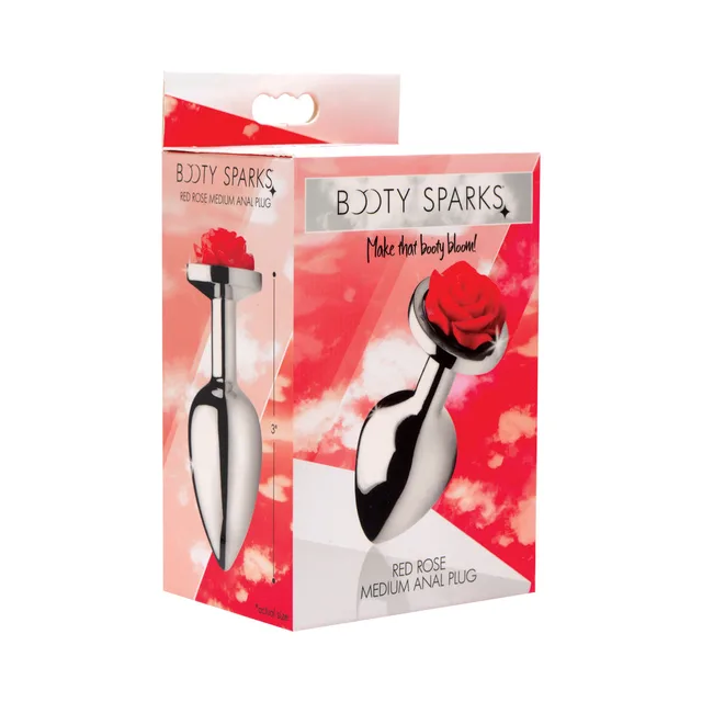 medium silver Booty Sparks anal plug with dimensional red rose on box