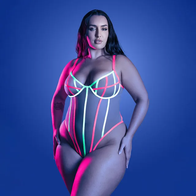 Fantasy Lingerie Glow Full Gauge Teddy with UV Elastic Binding Detail Queen Size