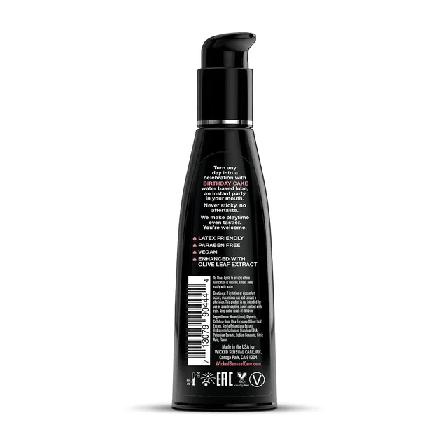 Back label of Wicked Aqua Birthday Cake 4 oz bottle